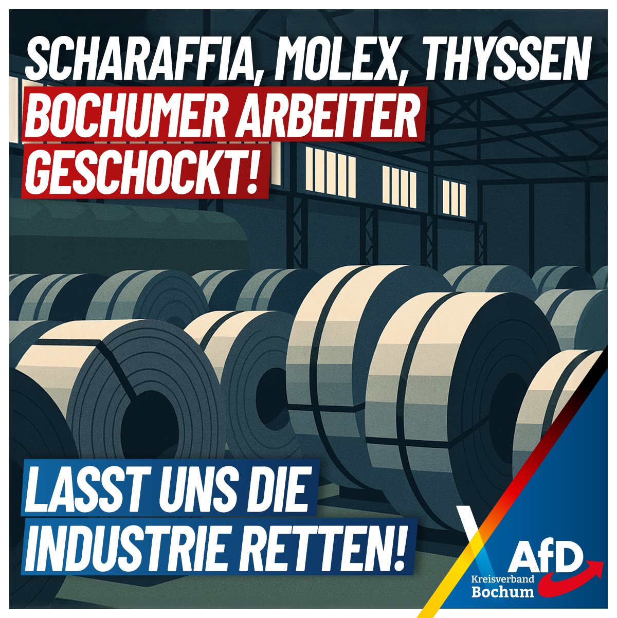Mehr über den Artikel erfahren Deindustrialisierung in Bochum: AfD warnt vor Arbeitsplatzverlusten bei Thyssen, Schlaraffia und Molex